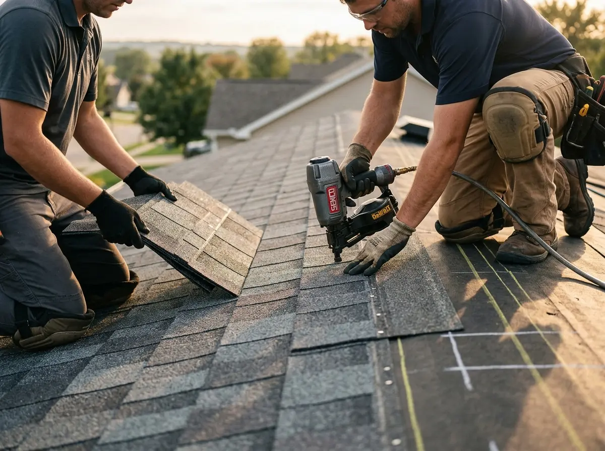 Professional roofer working on a residential roof in Payette